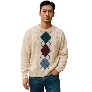 Eddie Bauer Vintage Argyle Pattern Crewneck Sweater Cream Size L Tall 90s Preppy